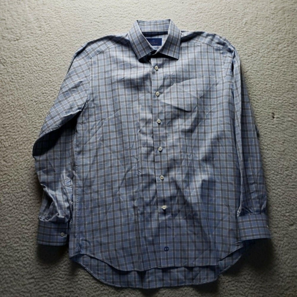 David Donahue Dress Shirt Mens 16 34/35 Blue Check Slim Fit Cotton Long Sleeve